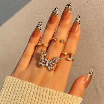 Fashion Crystal Golden Butterfly Finger Ring Set (5 pcs)